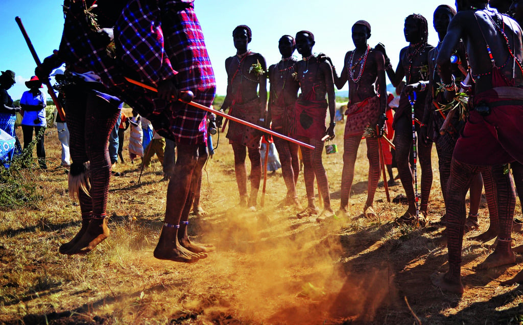 Young Maasai warriors arrive at Mount Suswa for a rite of passage ceremony.