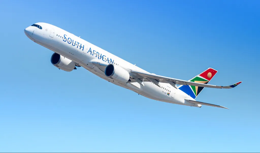 A South African Airways plane taking off.