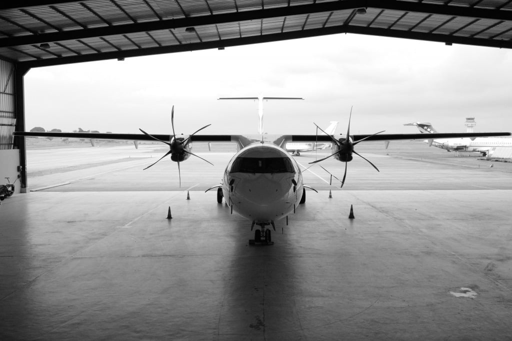 An Afrijet ATR2 twin-engine turboprop in the hangar.