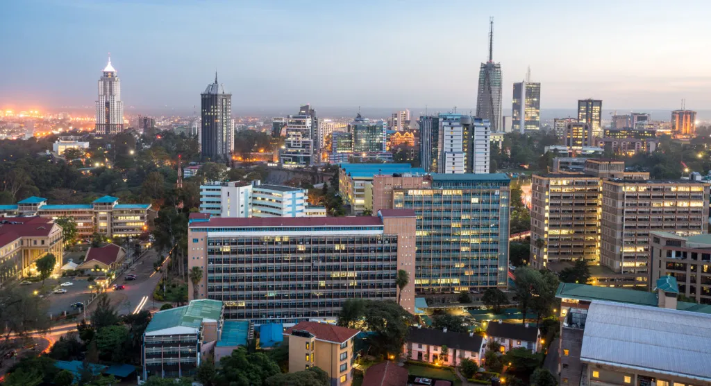 Aerial view of central Nairobi with modern buildings and skyscrapers.