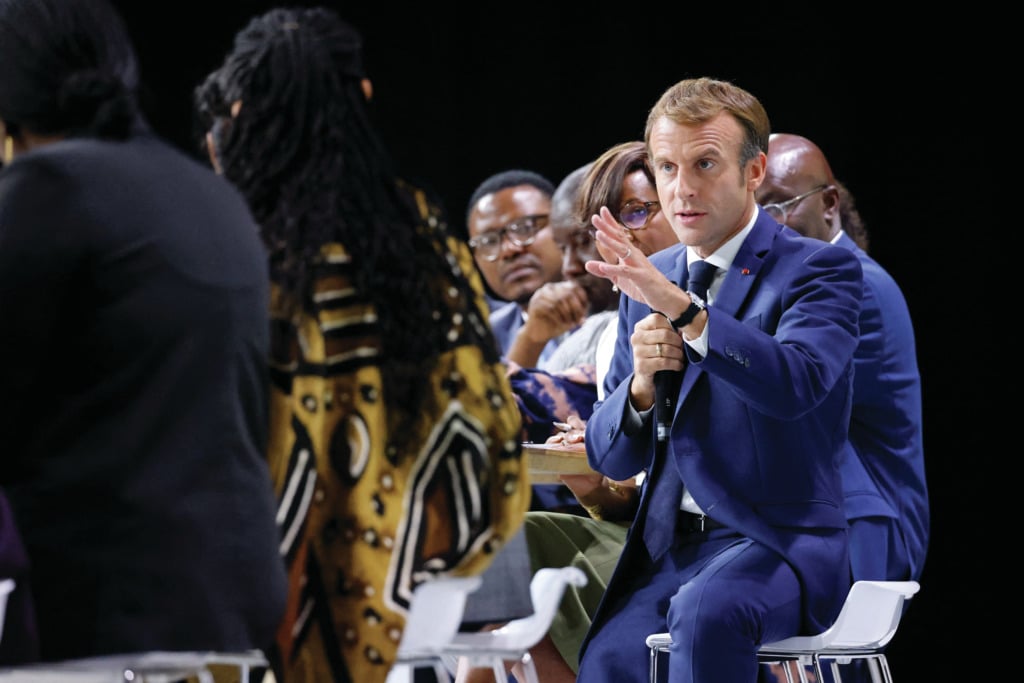 French President Emmanuel Macron speaks during the plenary session of the "Africa-France Summit".