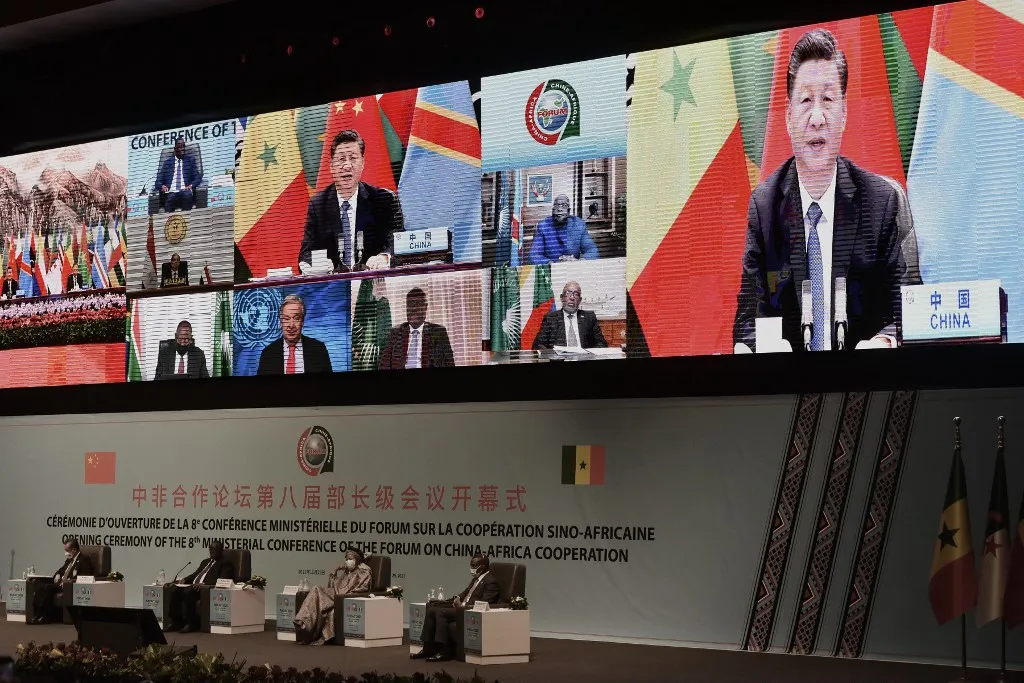 In a wall of video feeds, China's President Xi Jinping is sen addressing the opening ceremony of FOCAC 2021 by video link.