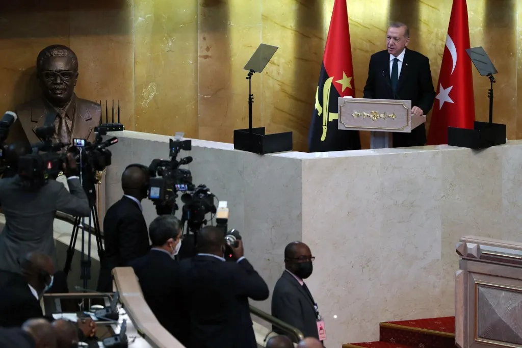 Turkish President Recep Tayyip Erdoğan addresses the Angolan parliament.