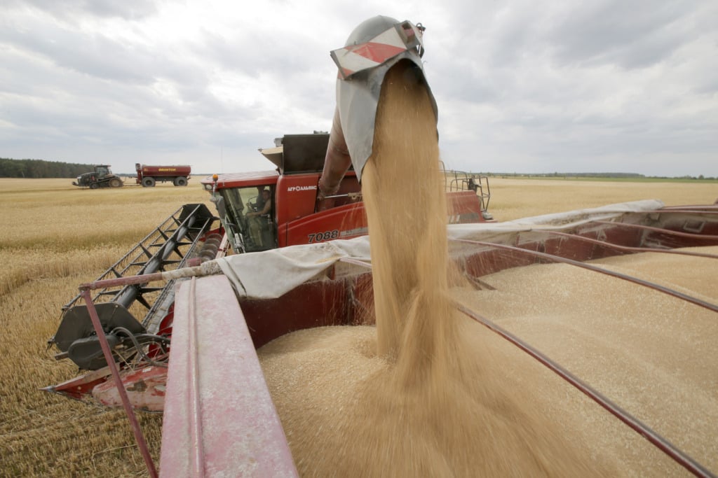 A combine harvesting discharges wheat in a field north of Kiev in Ukraine.