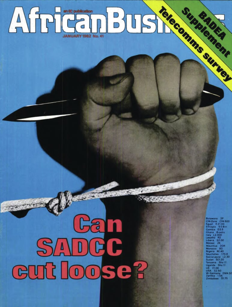 The January 1982 cover of African Business, with an image of a knife-wielding hand bound by a rope and the headline "Can SADCC cut loose?"