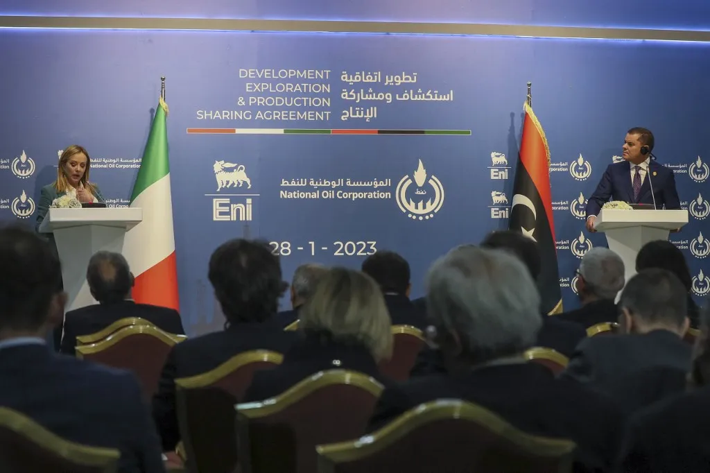 Italy's prime minister, Giorgia Meloni ,and Libya's Tripoli-based prime minister, Abdulhamid Dbeibah, hold a joint press conference in the Libyan capital.