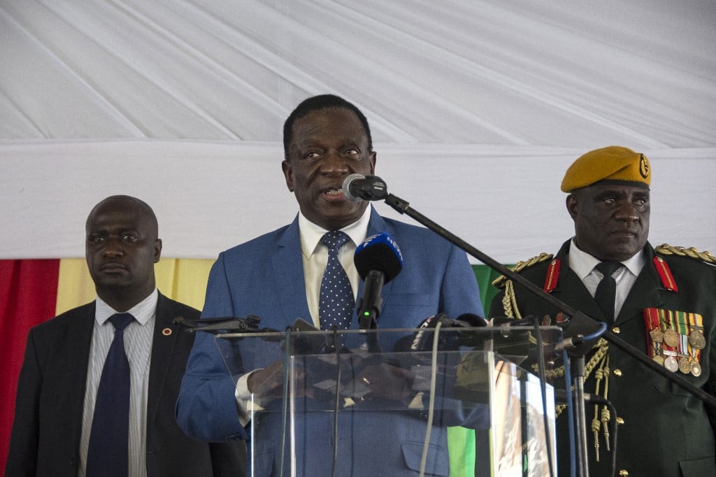 Zimbabwean President Emmerson Mnangagwa at a rostrum.