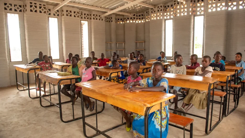 Malawian primary school children in a newly built schoolroom.