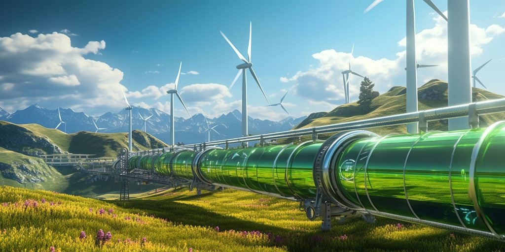 AI-generated image of green hydrogen pipeline with wind turbines in background.